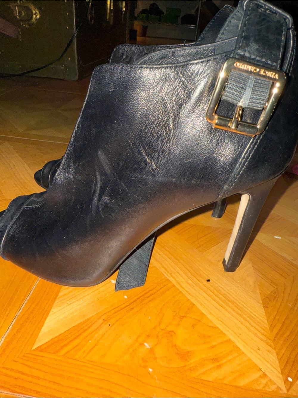 Franco Sarto Black Leather Peep-Toe Ankle Booties with Gold Buckle